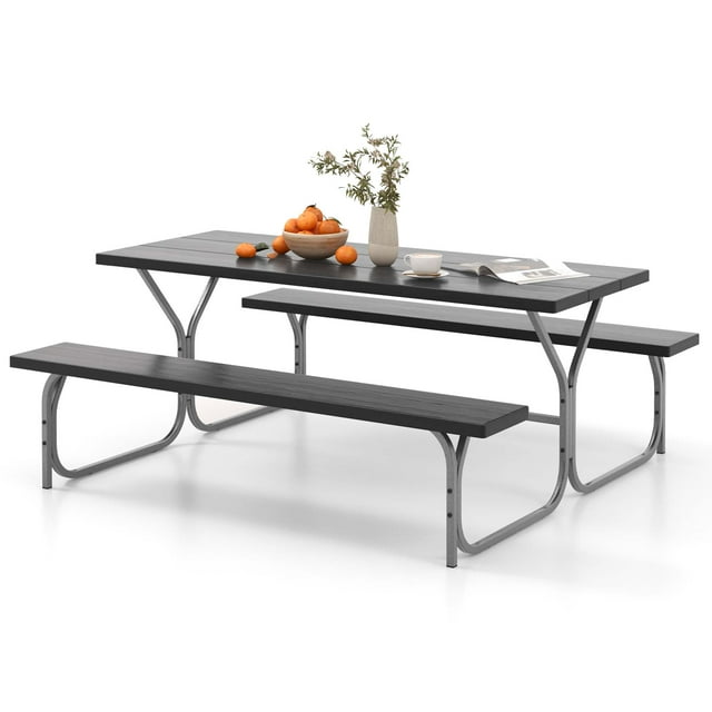Costway 6 FT Picnic Table Bench Set Outdoor Dining Table & 2 Benches with Metal Frame Black