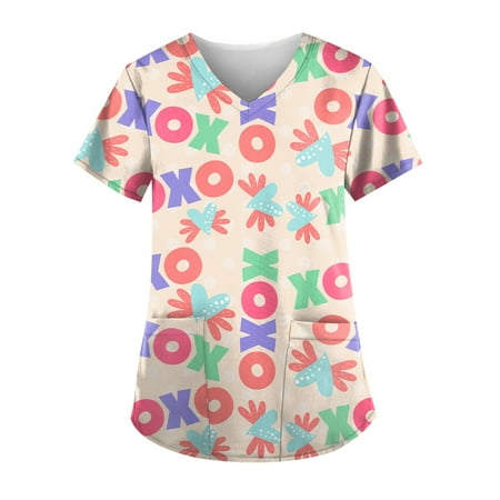 

DNDKILG Scrubs Top for Women Short Sleeve Casual Uniform Professionals Graphic T Shirt Working Holiday Nursing Scrubs 5XL