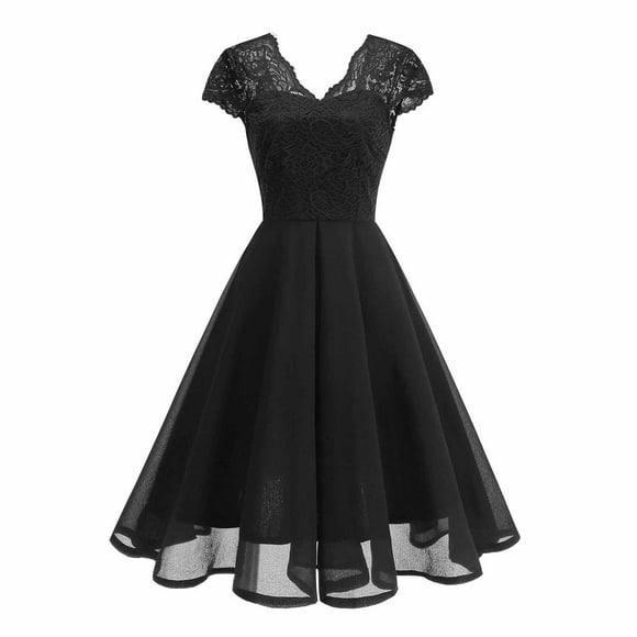 Women's Floral Lace V-Neck Midi Dress Vintage Lace Chiffon Patchwork Prom Cocktail Party Dress for Wedding Guest Black M