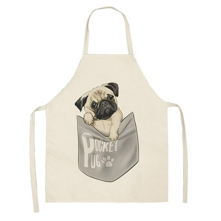 

EJWQWQE DOG PUG Printed Cotton Linen Sleeveless Apron Kitchen
