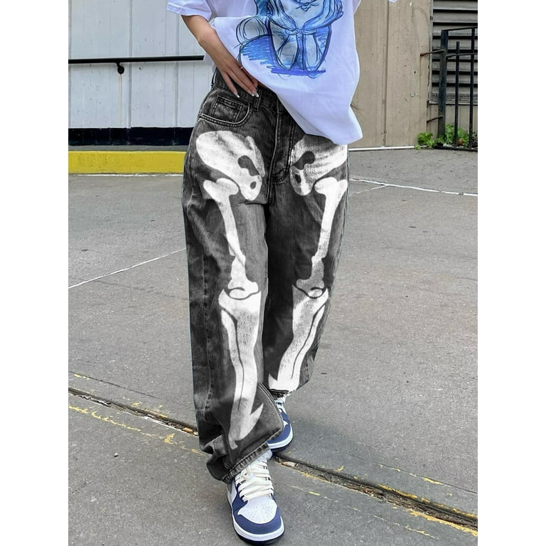 Women's Y2K Fashion Straight Jeans, Skull Print High Waist Zipper Denim  Long Pants with Pockets Streetwear 