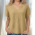 thumbnail image 2 of LNWUY Summer Linen Shirts for Women V Neck Blouses Roll Short Sleeves Dressy Casual Tunic Tops Cotton Linen Loose Fit Tops Yellow S, 2 of 8