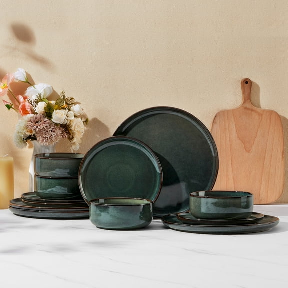 Vesteel Dinnerware Sets for 4, 12-Piece Stoneware Dish and Bowls Set, Handmade Reactive Glaze Coupe Plates Set for Family, Chip & Scratch Resistant - Sage Green