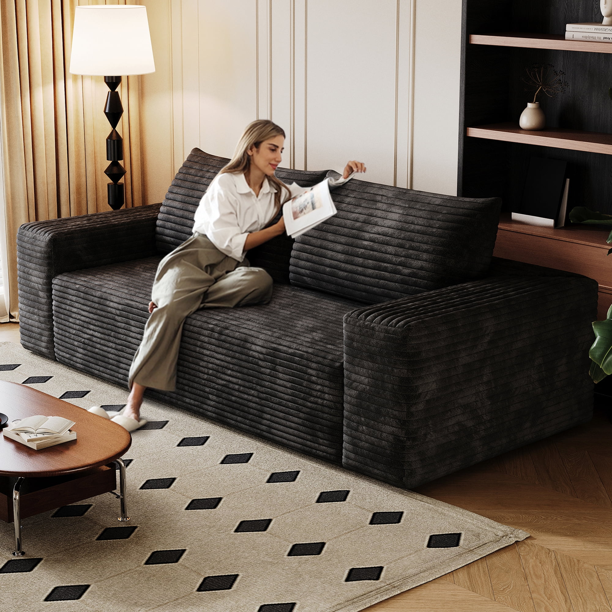 Miniyam 63" Compression Sofa 2 Seats Sofa, Deep Seat Couches for Living Room, Bedroom, Apartment (Black)