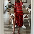 thumbnail image 2 of Lohuatrd Women Fall Spring Dress Striped Color Matching Loose Split Hem V Neck Mid-calf Length Soft Long Sleeve Pullover Oversized Casual Midi Dress, 2 of 8