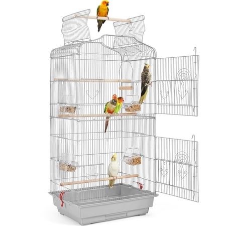 Alden Design Large 41" Metal Bird Cage with Play Top for Parakeets and Lovebirds, Light Gray