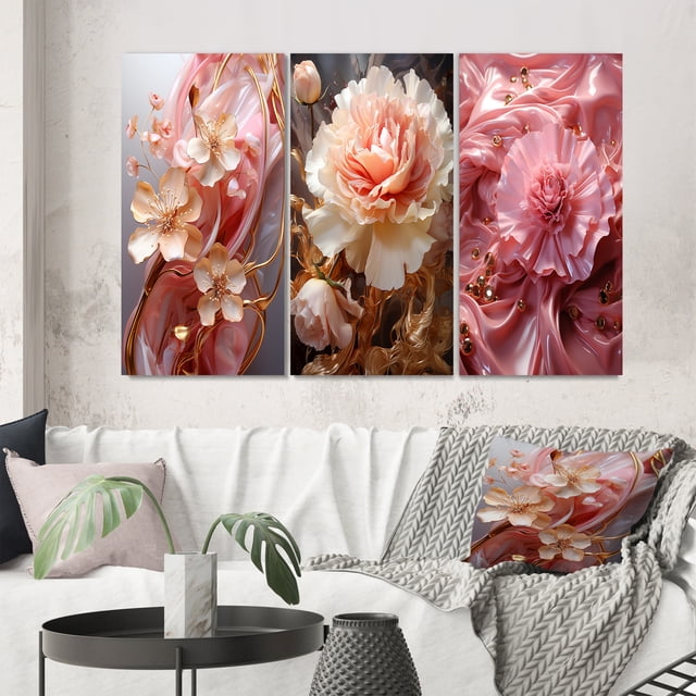 Designart "Tender Art Liquid Flowers in White and Light Pink IV" Abstract Shapes Wall Art Set Of 3 - Transitional Pink Gallery Wall Set For Home Decor