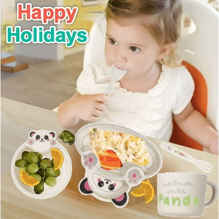 Latest Fiber Kids Toddler Thanksgiving Gift Plate set Tableware Baby Fiber Bowl Cup Dinnerware Set for Home Day Care 1 Plate 1 Bowl 1 Cup 1 Spoon 1 Fork 5pcs/set (Panda)
