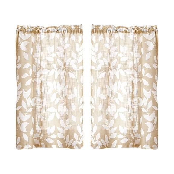 Cmafuca Leaf Tier Curtains for Kitchen 28" x 40" Short Curtains for Bathroom Window Curtains Print White and Taupe 2 Panels