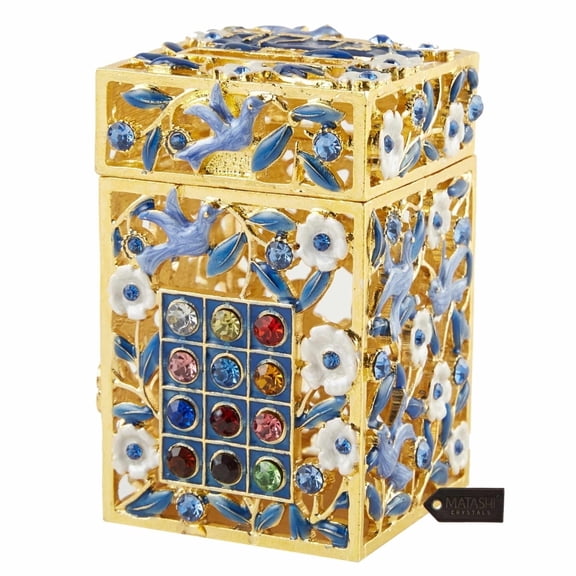 Matashi Hand-Painted Enamel Tzedakah Charity Box with Dove & Floral Motif, Crystal Judaica Keepsake Home Décor Gift