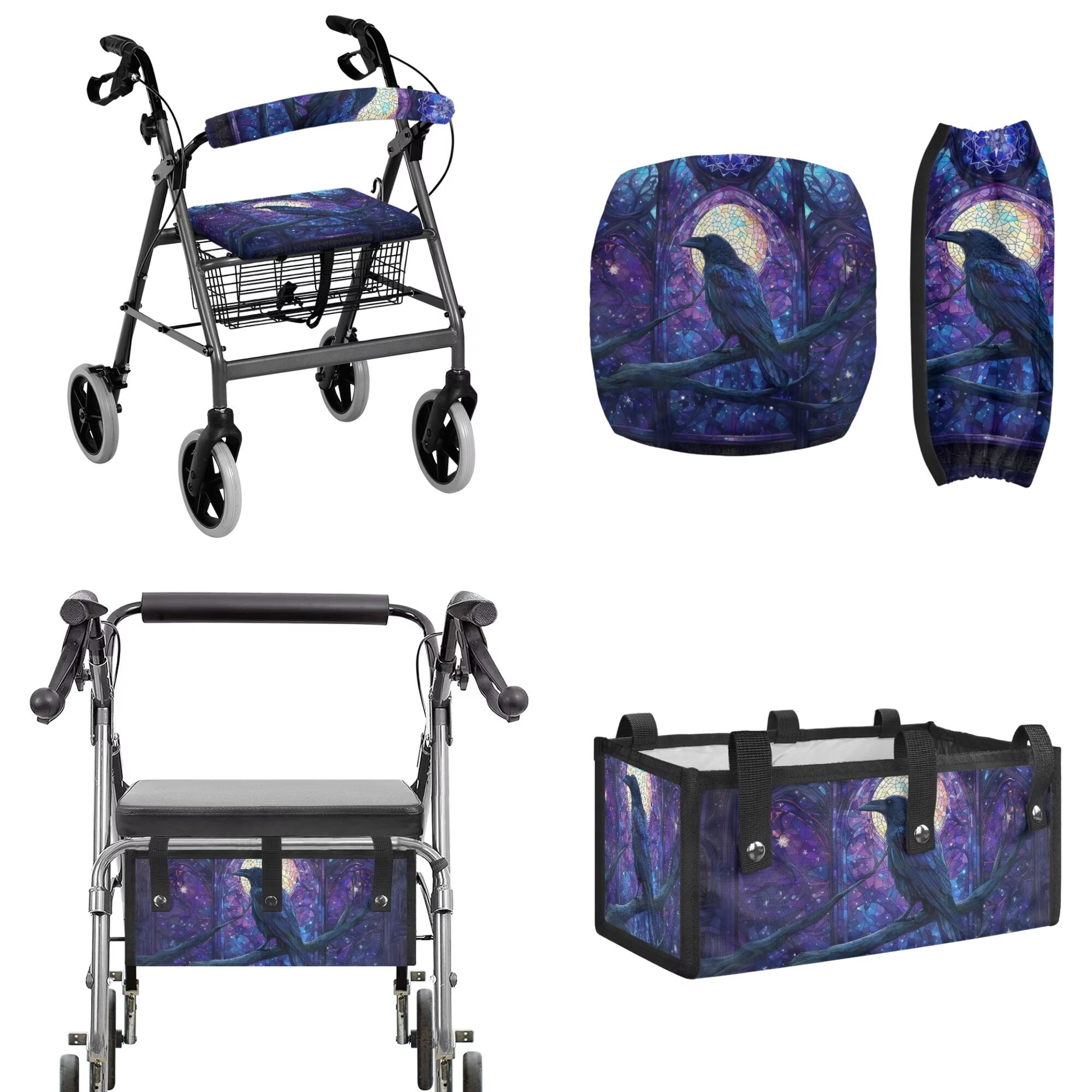 FOR U DESIGNS Purple Galaxy Raven Print Walker Accessories Set for Seniors Universal Walker Storage Bag Seat and Backrest Covers Easy to Install Rollator Covers for Elderly