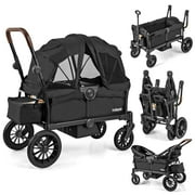 OLAKIDS Wagon Stroller for 2 Kids, Collapsible Adjustable Push Pull Handle Bar, 2 Seater Stroller Wagon with Removable Canopy Snack Tray, Comfortable Drop-Down footwell and Upholstered Seats