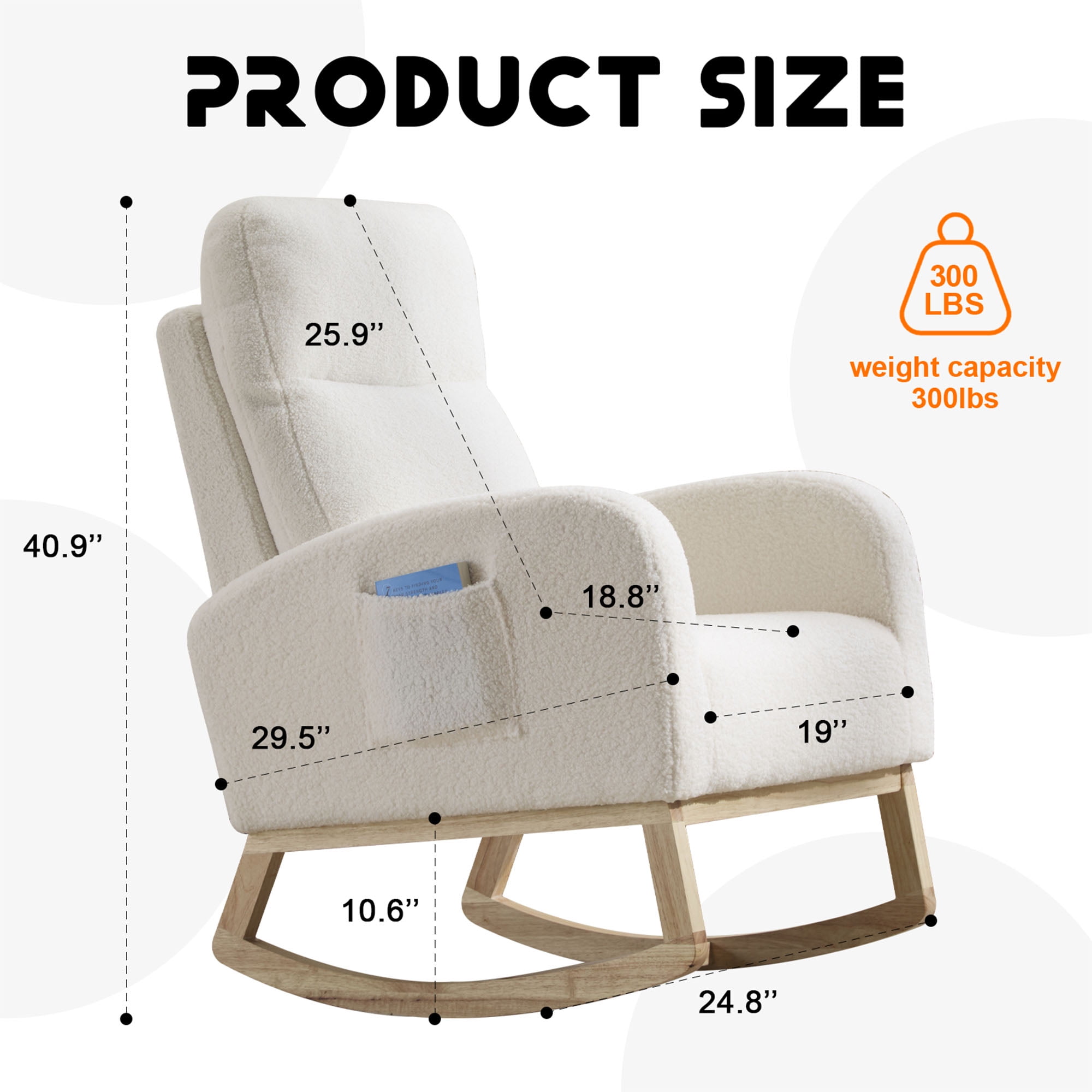 Modern Rocking Chair with High Back & Side Pocket, Nursery Glider Upholstered Armchair, 300 lbs Capacity