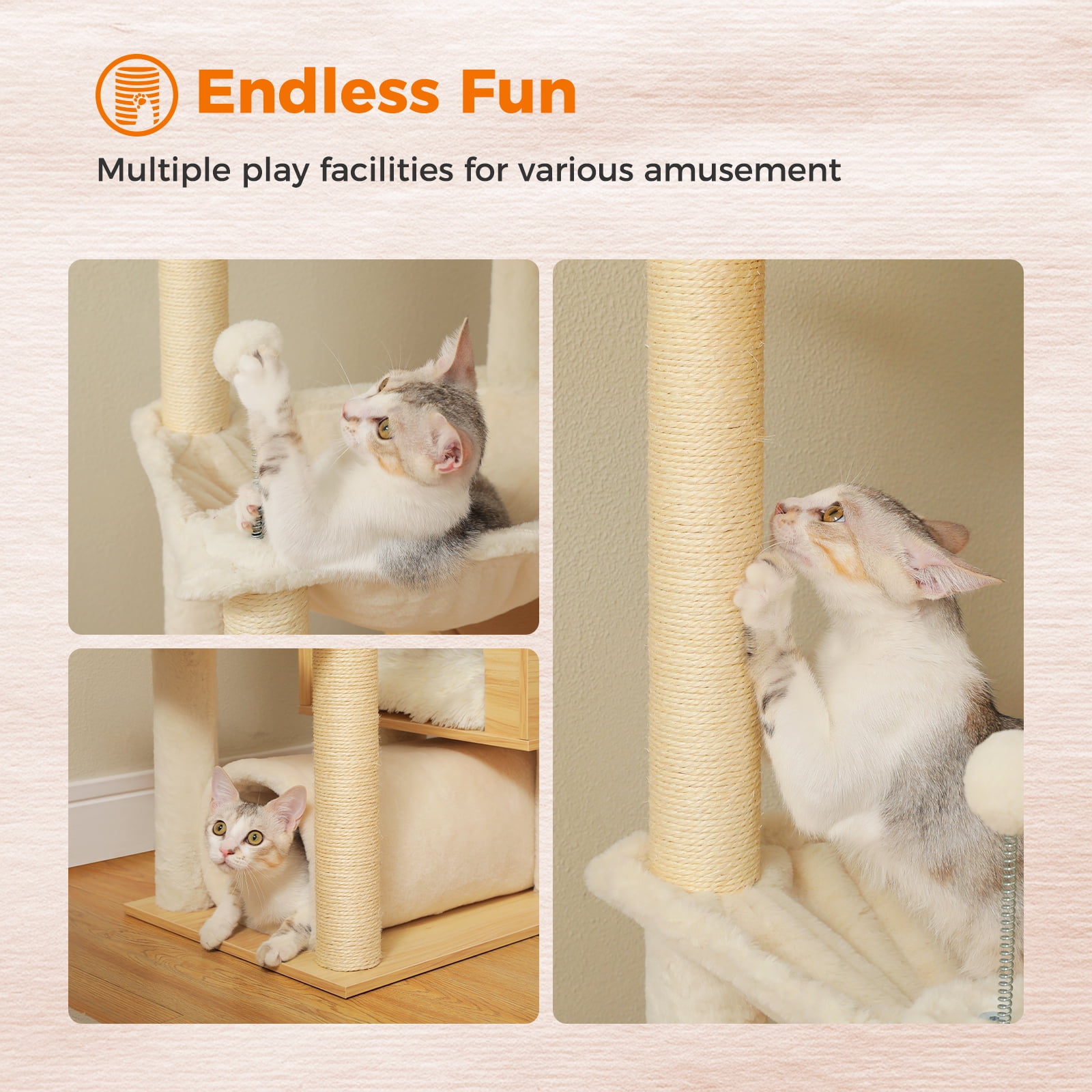 Pefilos Floor to Ceiling Cat Tree 93.3’’-100.8’’ Height Adjustable, Wooden Cat Tower Tall Climbing with Scratching Posts, Condo, Perches and Hammock, Beige