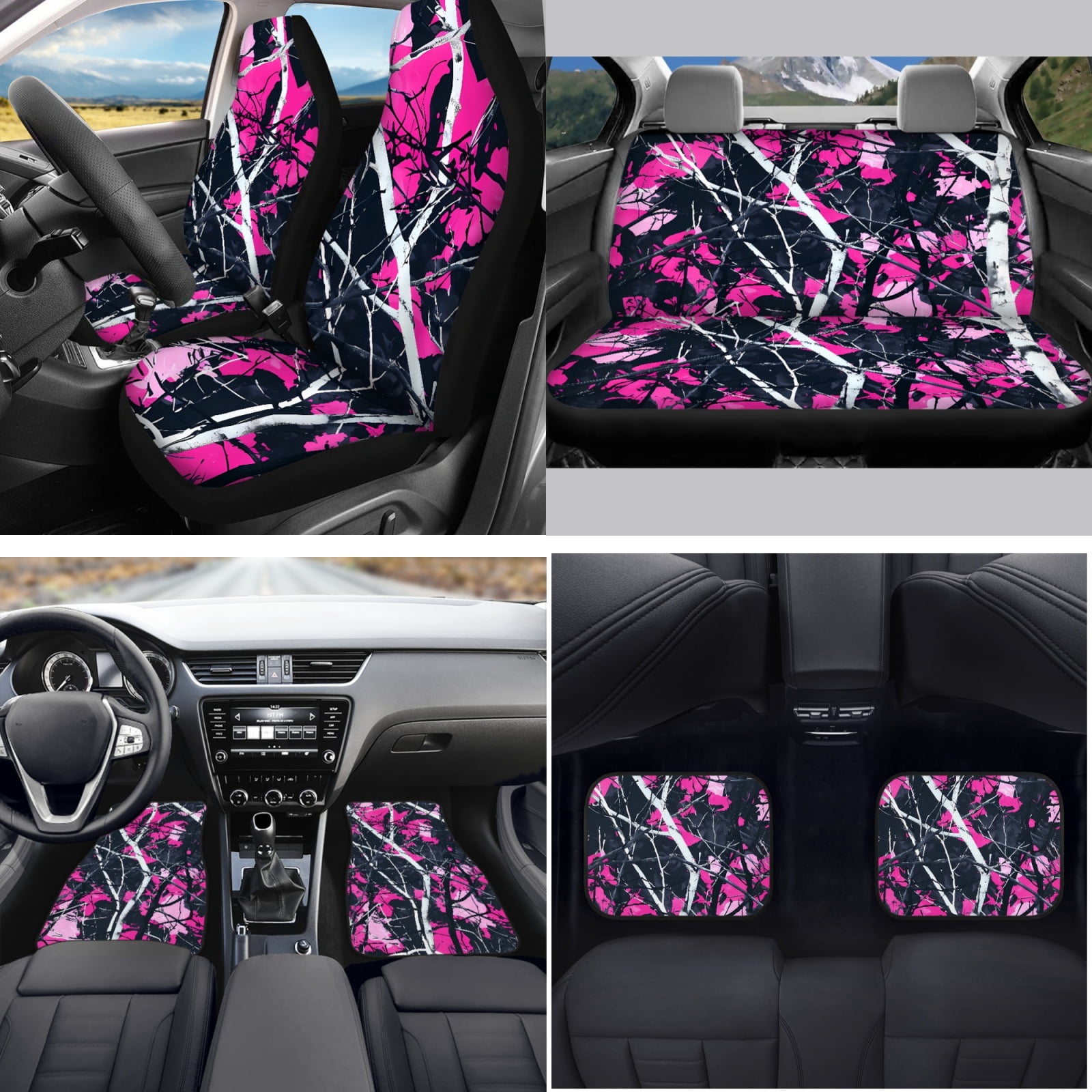 Yuyamidu Camo Hunting Car Seat Covers Full Set of 15 Pink Wood Car Floor Mats Auto Steering Wheel Cover Seatbelt Covers Cup Coasters Handbrake Cover Set Vehicle Accessory Decor