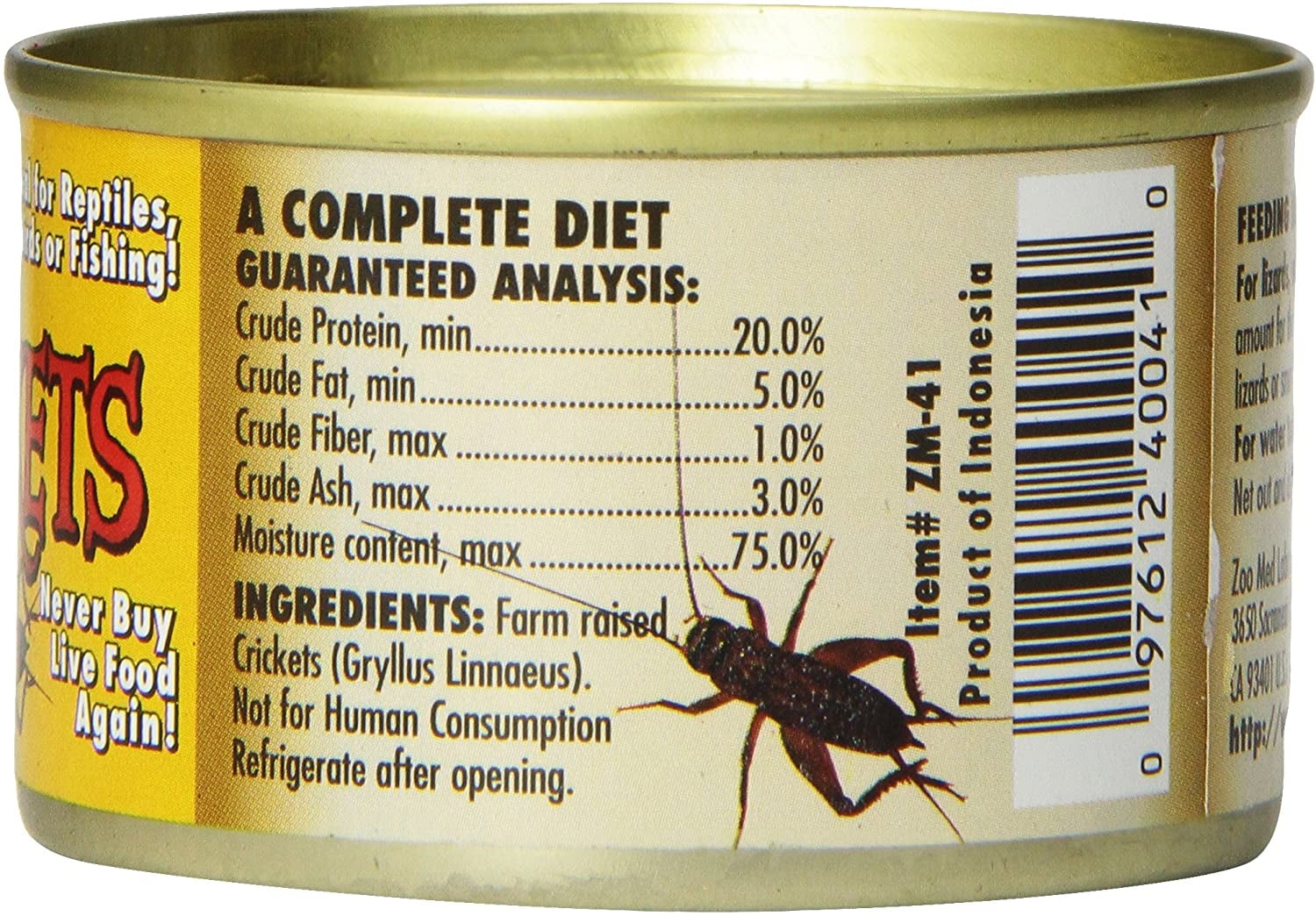 Zoo Med Can O' Crickets for Reptiles and Birds [Aquarium Carnivore Food, Marine,  Tropical Fish Food, Reptile Bearded Dragon, Crickets and Insects, Snake Food] 4.8 oz