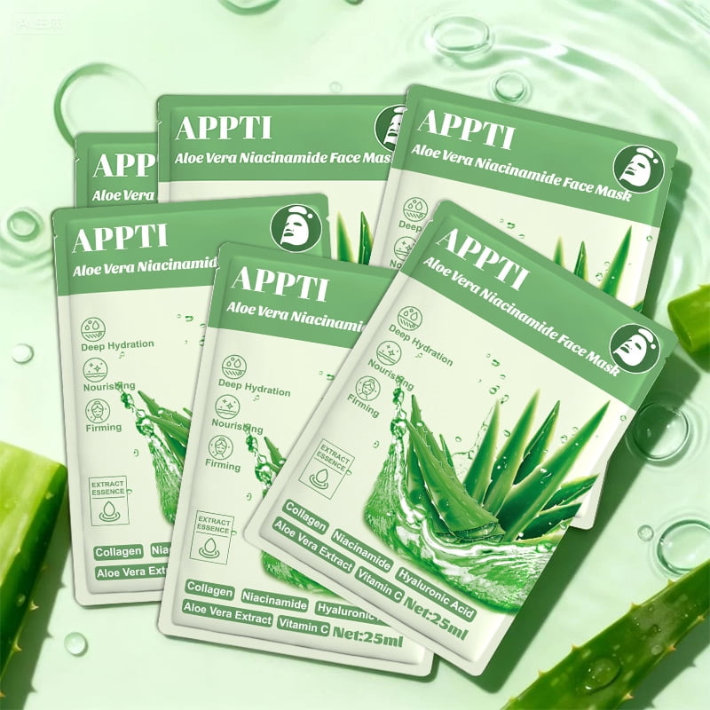 20PCS APPTI Aloe Vera Niacinamide Face Mask – Soothing & Brightening Treatment for Calming Irritation, Minimizing Pores & Balancing Tone for a Clear, Even & Hydrated Complexion.