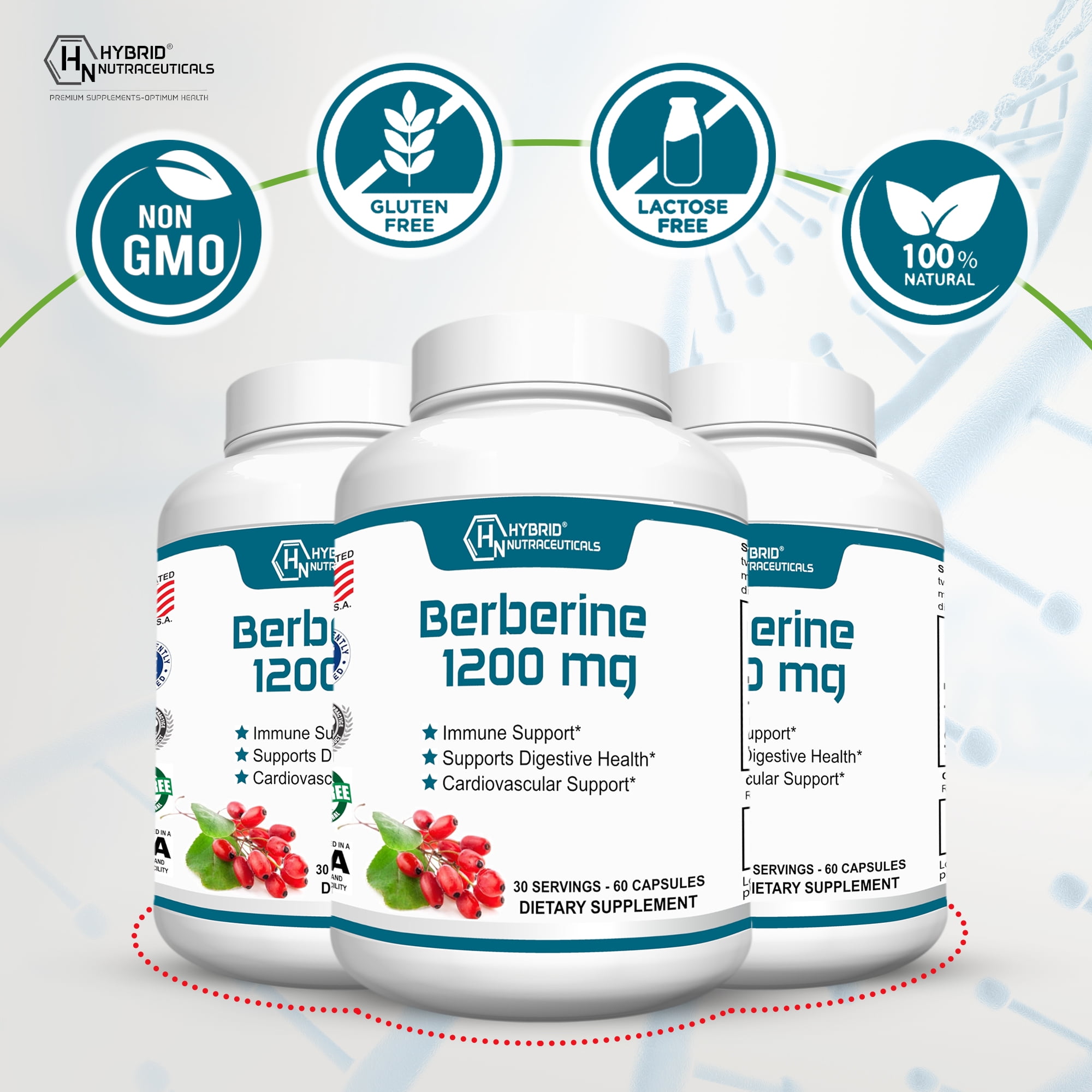 Hybrid Nutraceuticals Berberine 1200mg - Concentrated Berberine HCl Formula - Immune Support, Digestive Support, Healthy Weight - Gluten Free, 60 Capsules