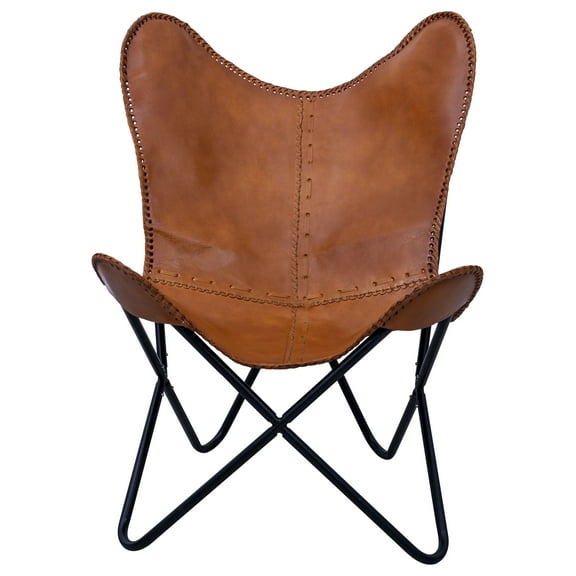 Rajeriya-  Living Room Brown Leather Butterfly Chair Handmade with Powder Coated Iron Folding Frame  For Home Decor