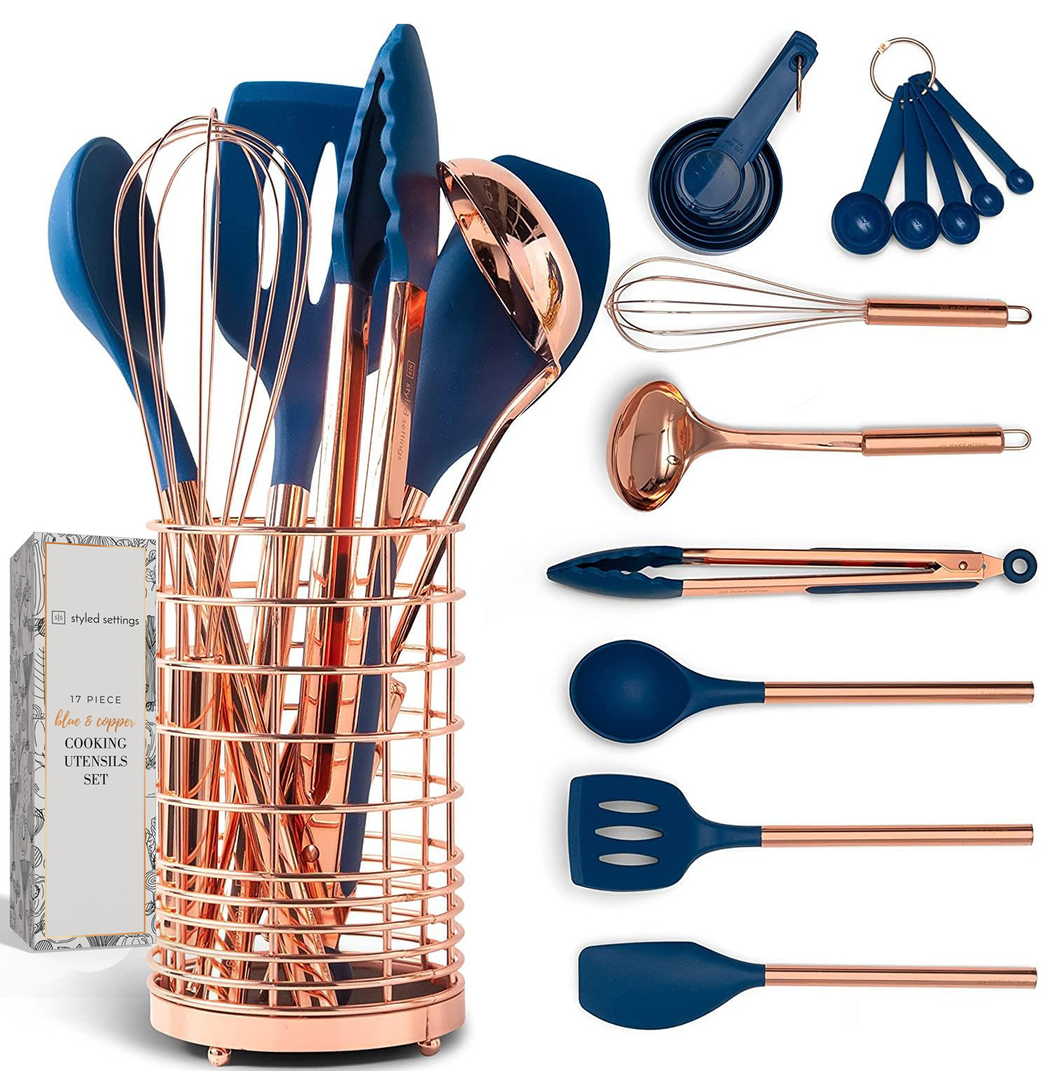 Styled Settings Copper and Blue Silicone Kitchen Utensils Set -17PC Set Includes Copper Utensil Holder, Blue Measuring Cups & Spoons, Copper Kitchen Utensils - Navy Blue Kitchen Decor
