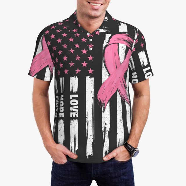 Xecao Ribbon Breast Cancer Awareness Pattern Men’s Polo Shirt with Buttoned Collar Soft Breathable Casual Polo Shirt for Work, Leisure, and Outdoor Activities-X-Large