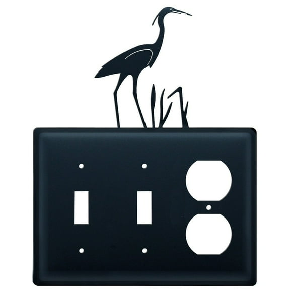 Double Switch and Duplex Outlet Cover with Heron Bird Accent, Black