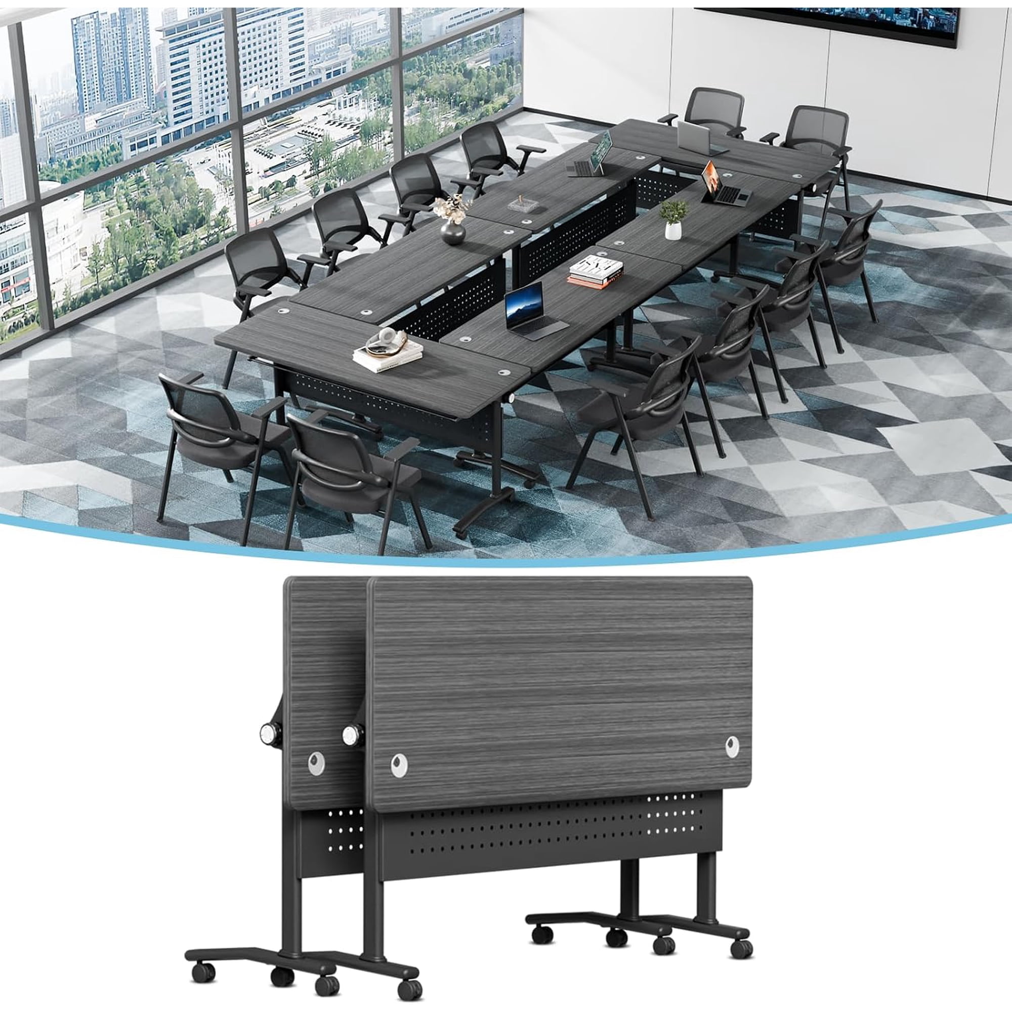 Folding Conference Table Modular Conference Room Tables with Wheels Modern Flip Top Mobile Training Meeting Seminar Table for Office (DarkGray 61in 2)