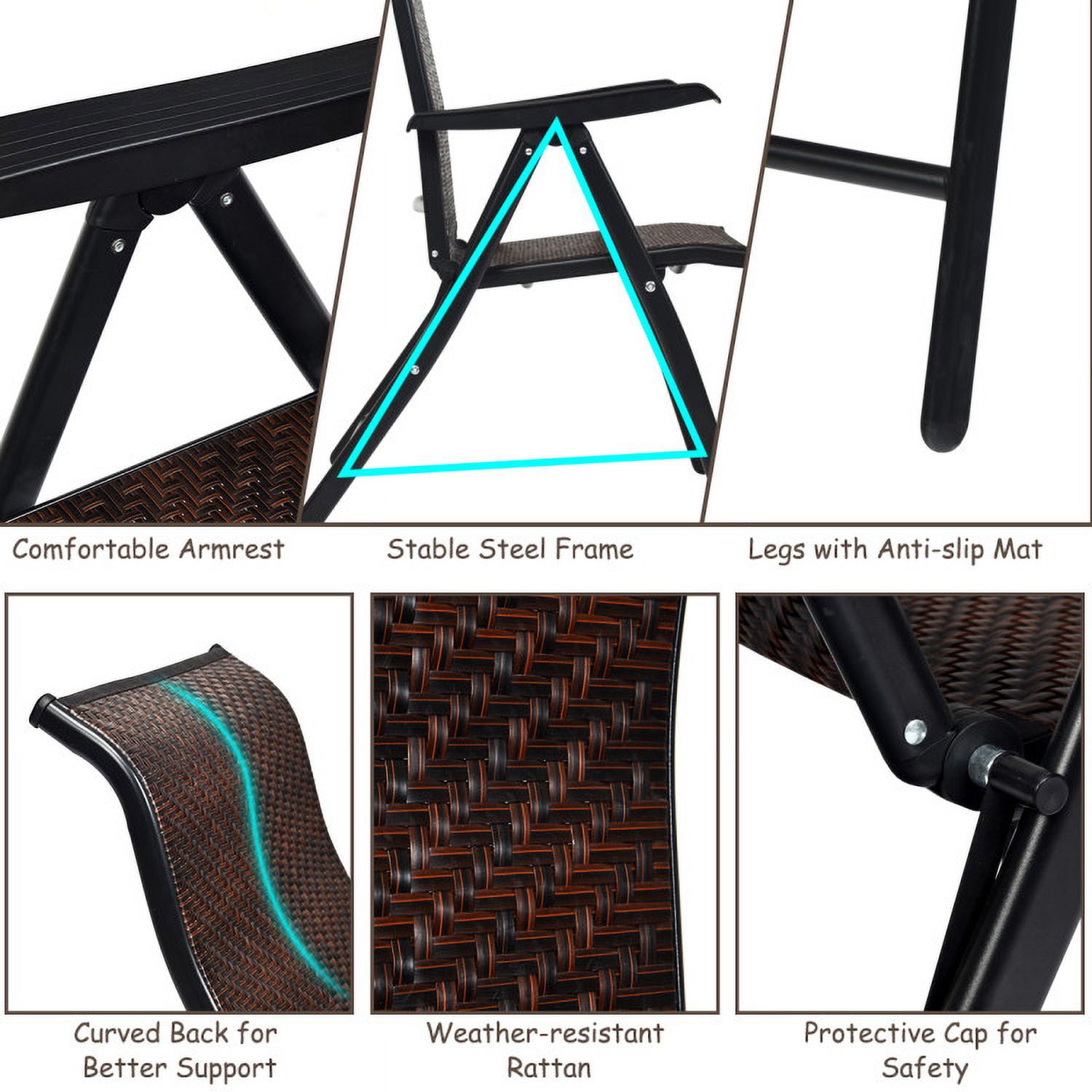 Aimee Lii 2 Pieces Patio Rattan Folding Reclining Chair, Outdoor Deck Furniture