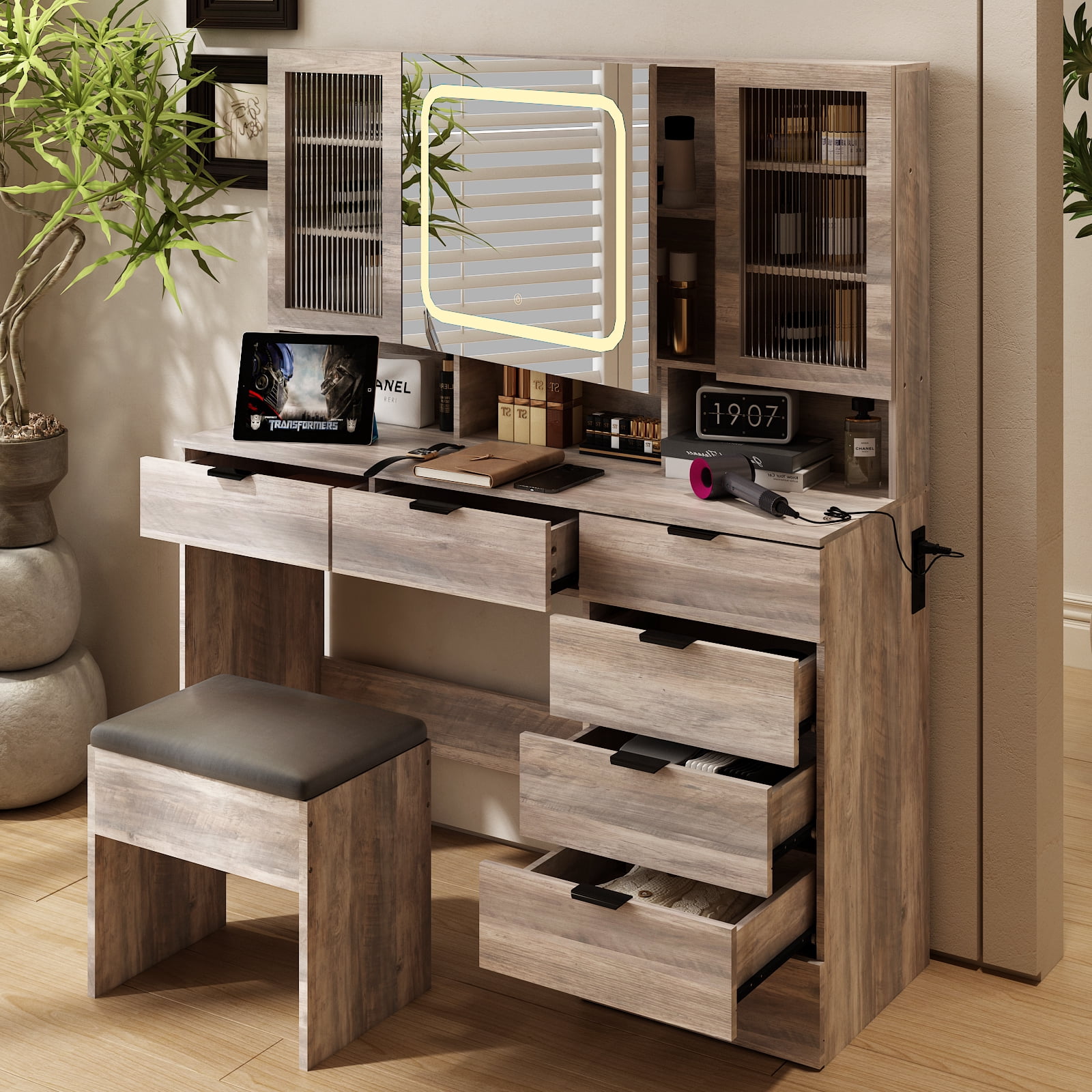 Ktaxon Large 47.24" Makeup Vanity Table Set with Hidden Storage, 7-Drawer Dressing Table, Bedroom Makeup Table, Gray