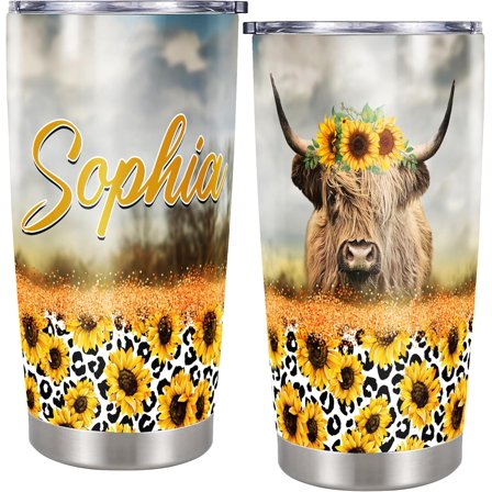 Personalized Highland Cow Print Tumbler 20oz Stainless Steel Insulated Cup Coffee Travel Mug Cute Cows Gifts for Women Girl Birthday Mothers day