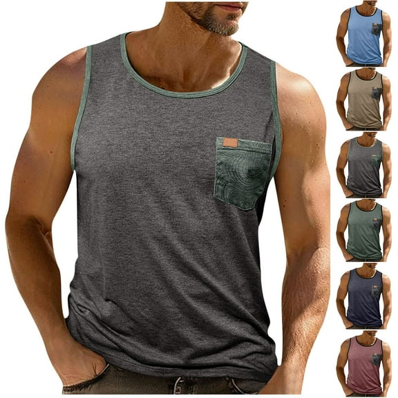 VBTAPA Men's Sleeveless Gym Tank Tops with Pocket Workout Bodybuilding Muscle T Shirts Solid Basic Undershirts Green M