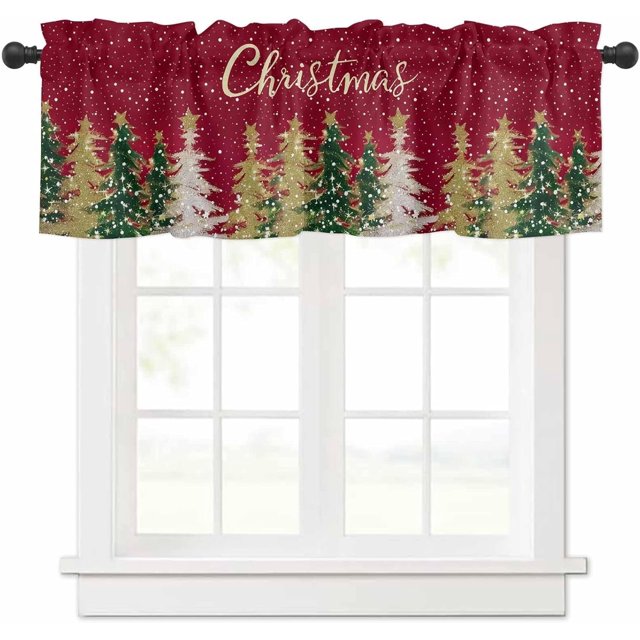 Merry Christmas Valance Curtains for Kitchen Window 54" W x 18" L, Rustic Xmas Trees Falling Snowflake Rod Pocket Small Curtain for Living Room Winter Red Valances for Windows/Bathroom/Bedroom