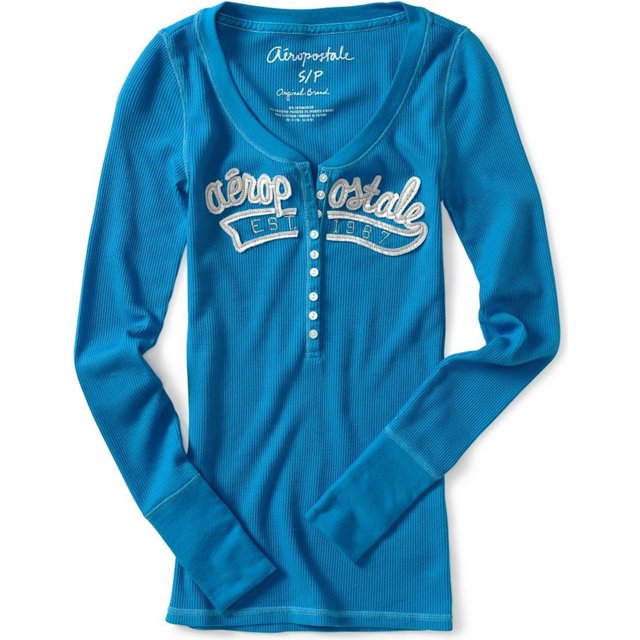 Camiseta henley térmica de manga larga Aeropostale para mujer, azul, grande