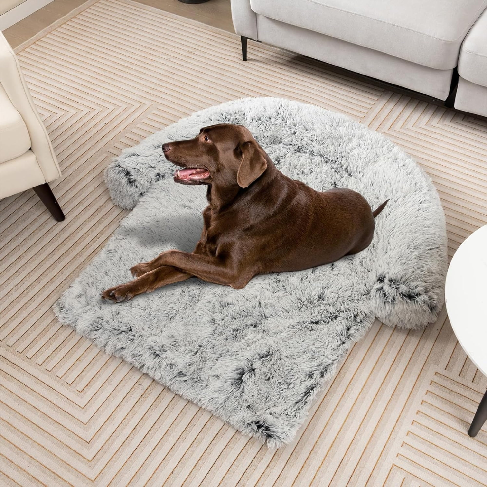 resenkos 40" Plush Long Fur Dog Couch Bed, Dog Bed Mats with Anti-Slip Bottom, Washable Removable Couch Cover, Perfect for Small Dogs Cats, Gray-S