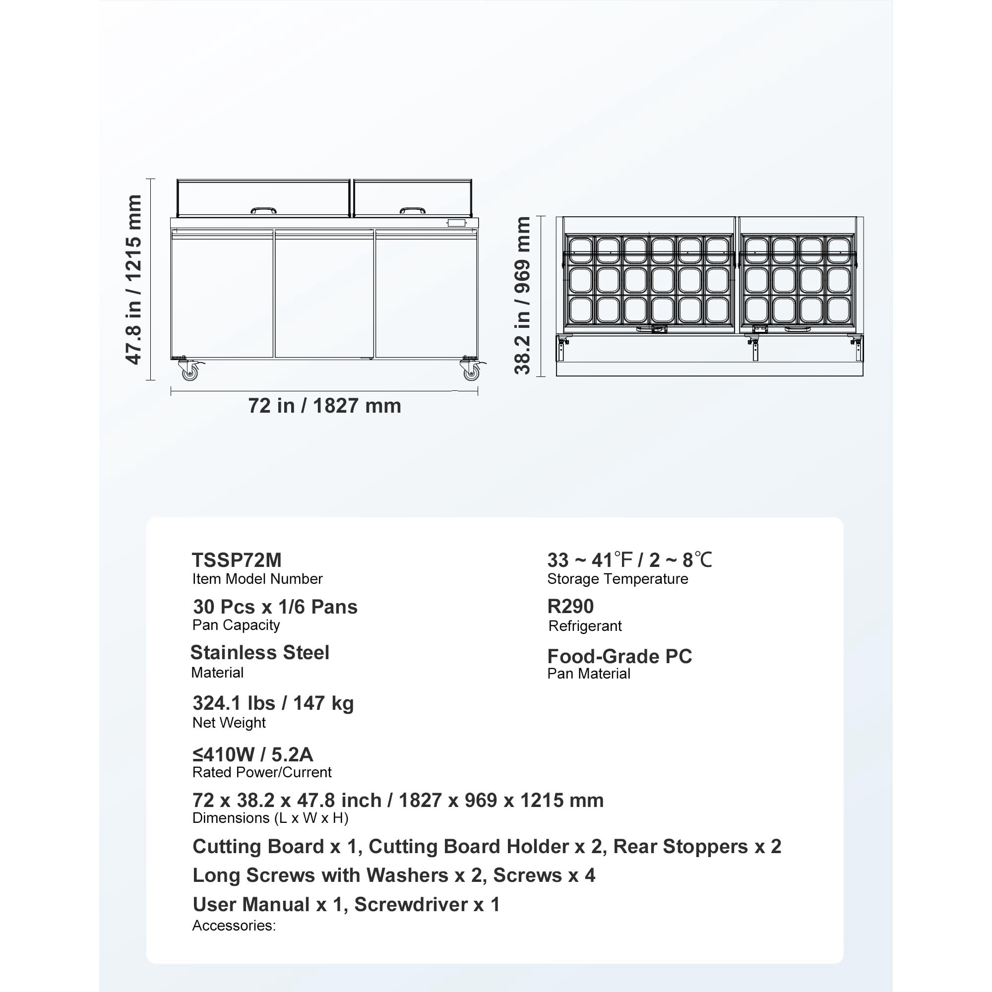 KFFKFF 72"W Commercial Refrigerator, 18.7 Cu. Ft Sandwich Prep Table, Food Prep Fridge with 30 Pans and Cutting Board, Stainless Steel Salad Prep Cooler for Restaurant and Food Truck