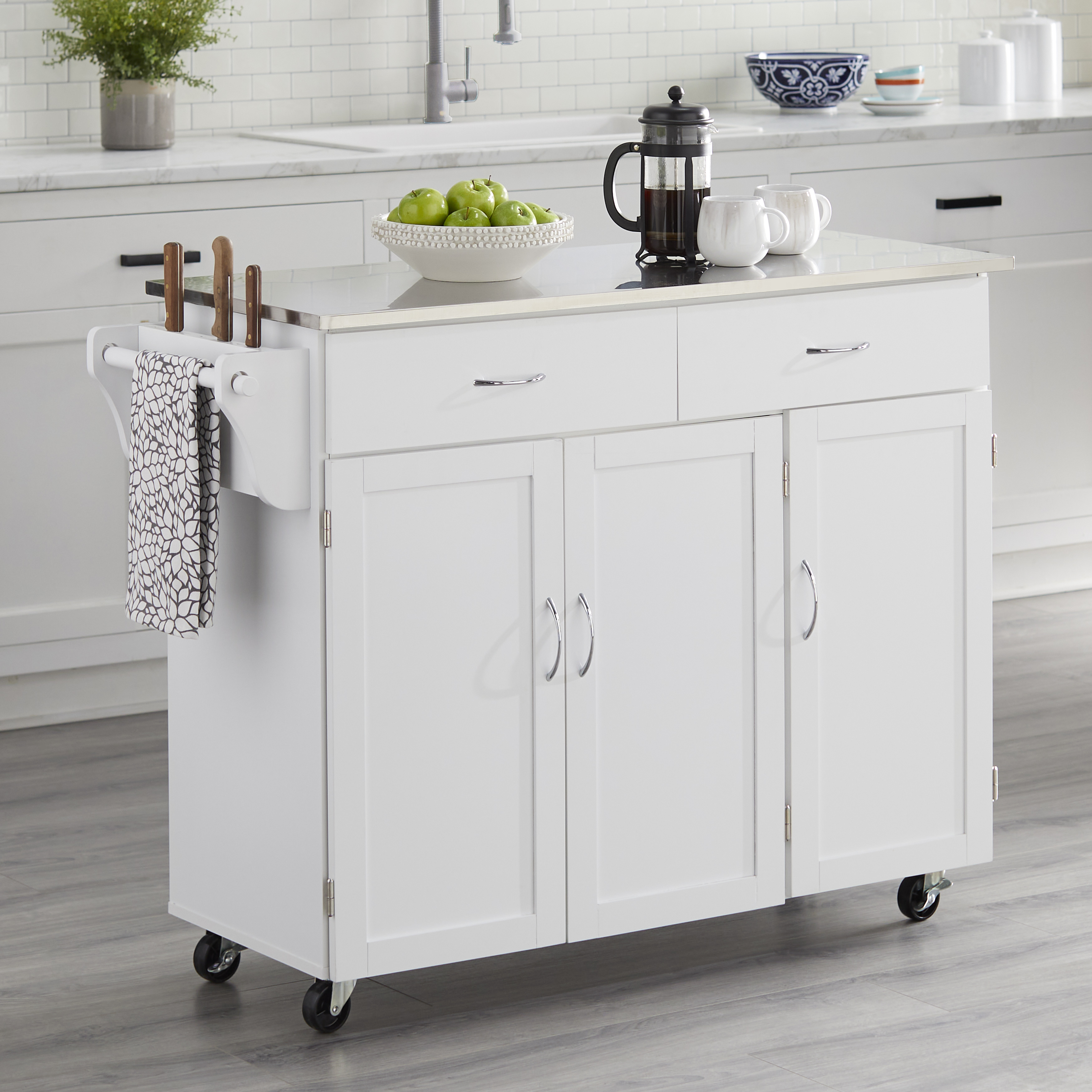 Extra Large Kitchen Cart, White with Stainless Steel Top Box A