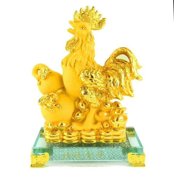 Golden Rubber Finished Rooster Statue with Wu Lou for Year of Rooster