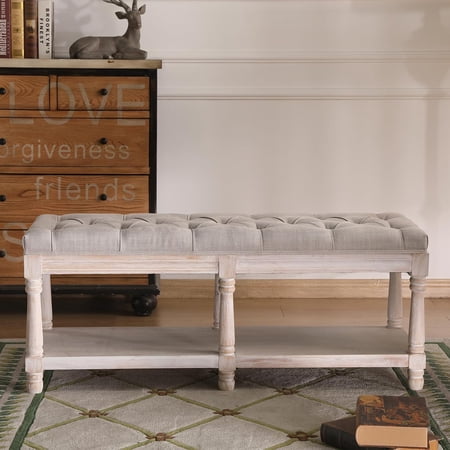Wooden Entryway Storage Bench Upholstered Tufted Ottoman for Bedroom End of Bed Hallway Organizer Beige