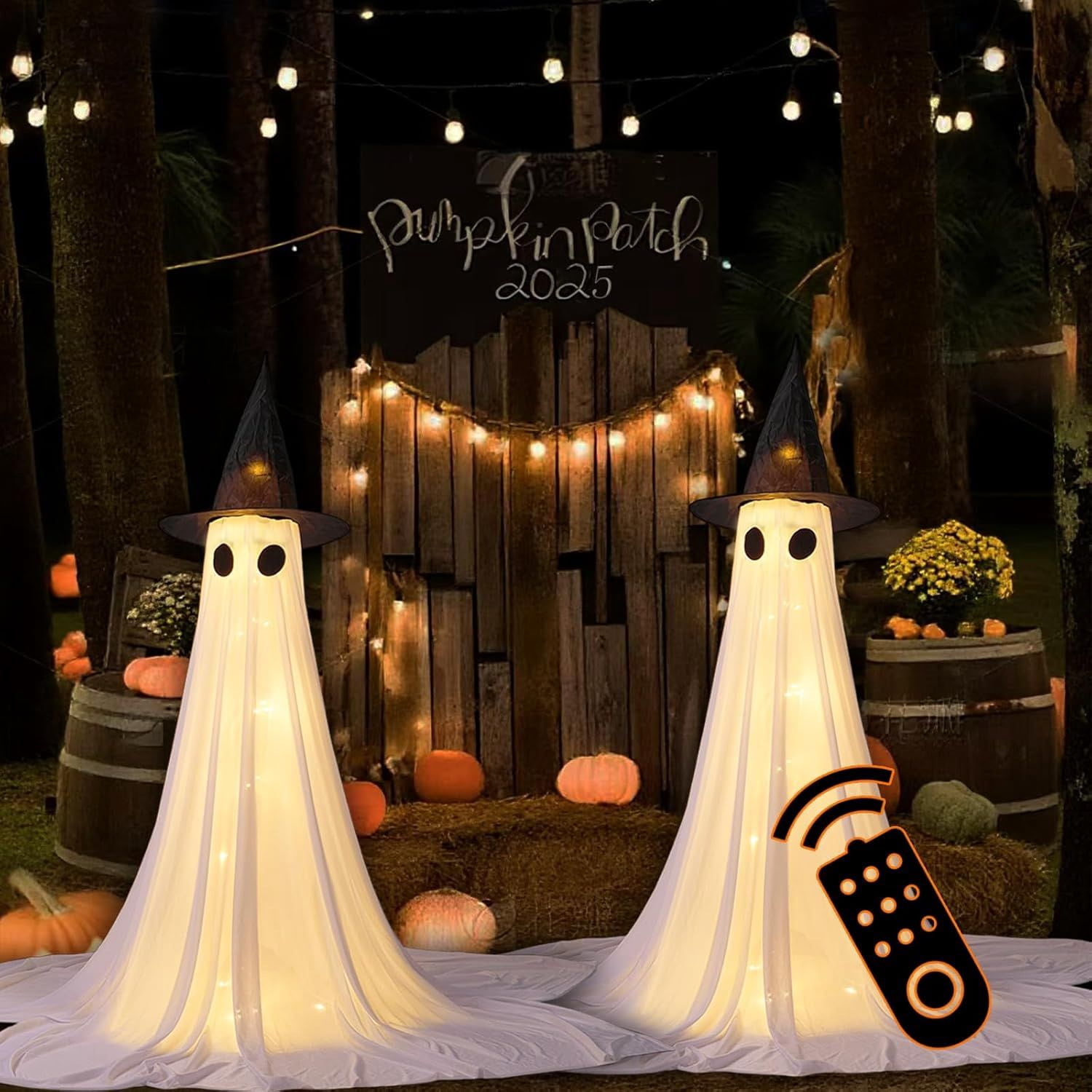 2 Pack Light Up Ghost Decorations with Remote Control Timer for Outdoor Halloween Yard