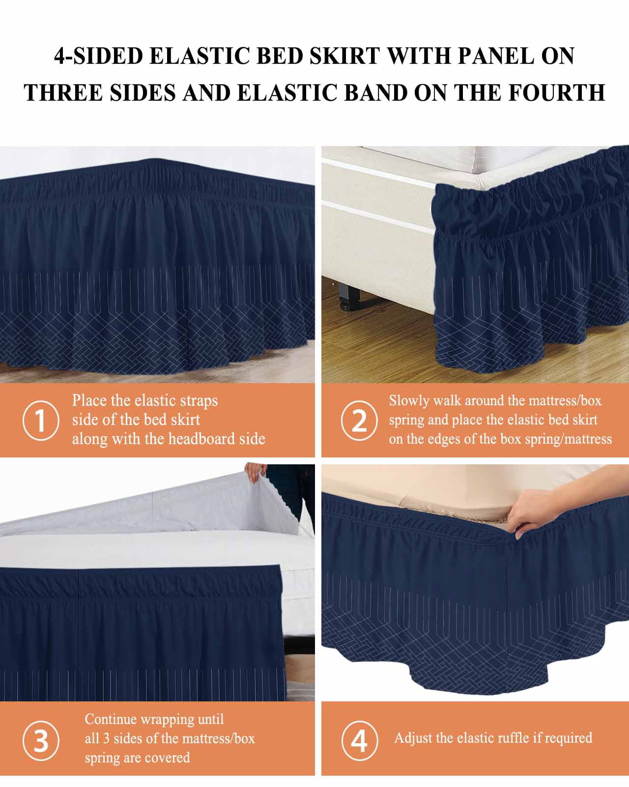 Navy Blue Bed Skirt California King Size 18" Drop Minimalism Geometric Texture Modern Art Ruffled Wrap Around Bed Skirts Adjustable Elastic Bedskirt Dust Ruffle for California King Size Bed
