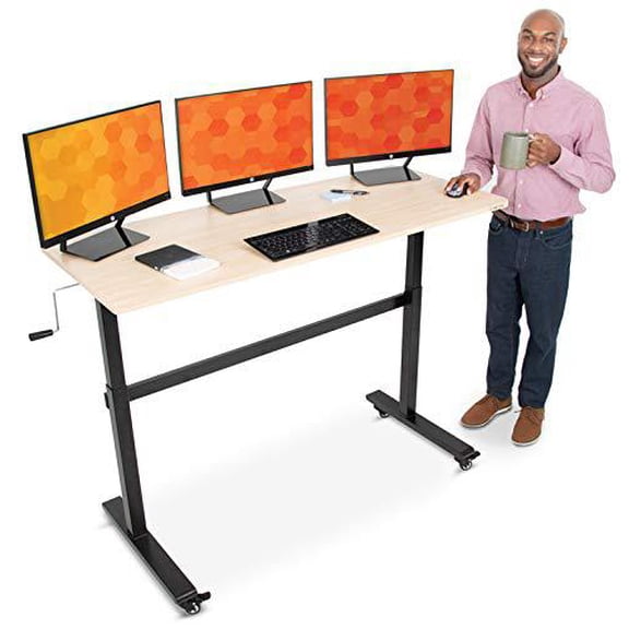 stand steady?tranzendesk?| 55 inch standing desk?with detachable wheels| crank?height adjustable?sit to?stand?workstation?|?modern?ergonomic desk?supports 3 monitors?(55 in /?maple