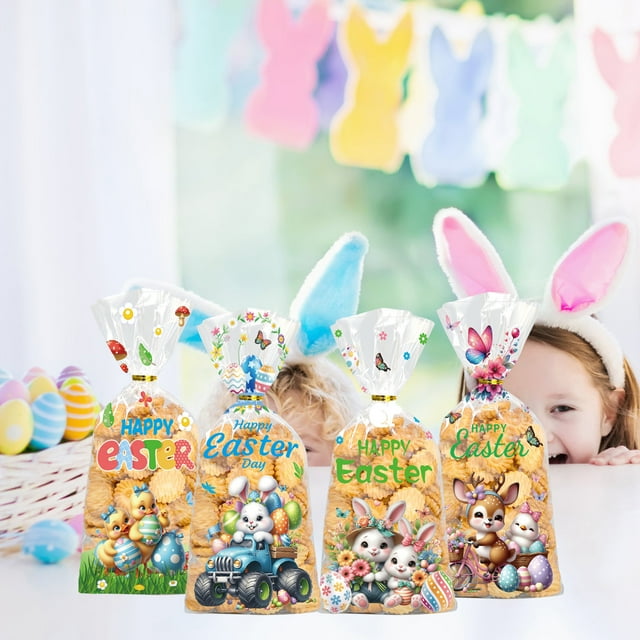 Bolsas de Dulces de Pascua, 50 Unidades, Bolsas de Plástico Multicolor con Lazos | Diseño Festivo de Conejito y Huevo | Bolsas de Regalo para Refrigerios, Recuerdos de Fiesta y Artículos de Reposterí