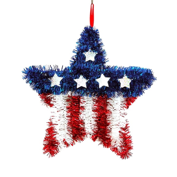 11 Inch 4th of July Tinsel Wreath for Front Door Patriotic Decorations Glitter Star Shape Red White and Blue American Flag Wreaths for Independence Day Memorial Day Wall Window Home Party Supplies