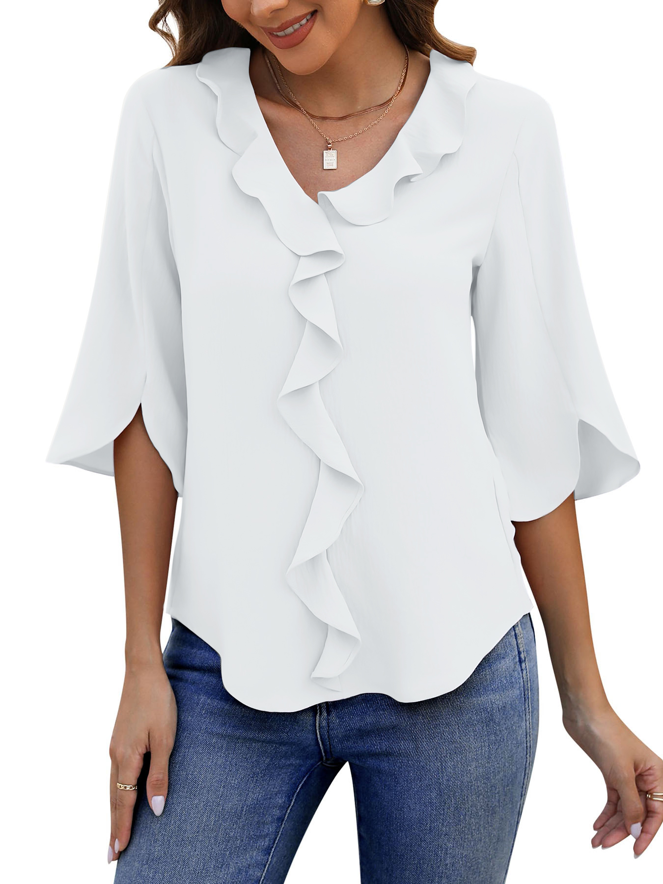UVN Women's Chiffon Dressy Blouse with 3/4 Sleeves, White photo 1