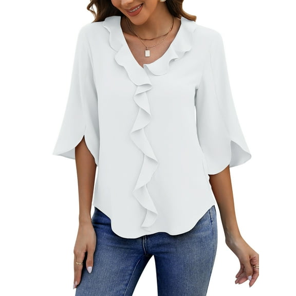UVN Chiffon Blouses for Women Dressy Ruffle V Neck Tops Summer Casual 3/4 Sleeve Shirts