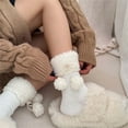 thumbnail image 4 of Milue Women Ribbed Knit JK Plush Ball Bow Faux Lamb Wool Trim Middle Tube Calf Socks, 4 of 20