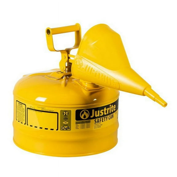 Justrite 7125210 Type I Steel Safety Can for Diesel, with Funnel, 2.5 gallon, Yellow - #7125210