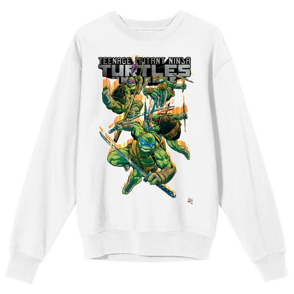 World Of TMNT Ninja Turtles With SwordsCrew Neck Long Sleeve White Adult Sweatshirt-Large