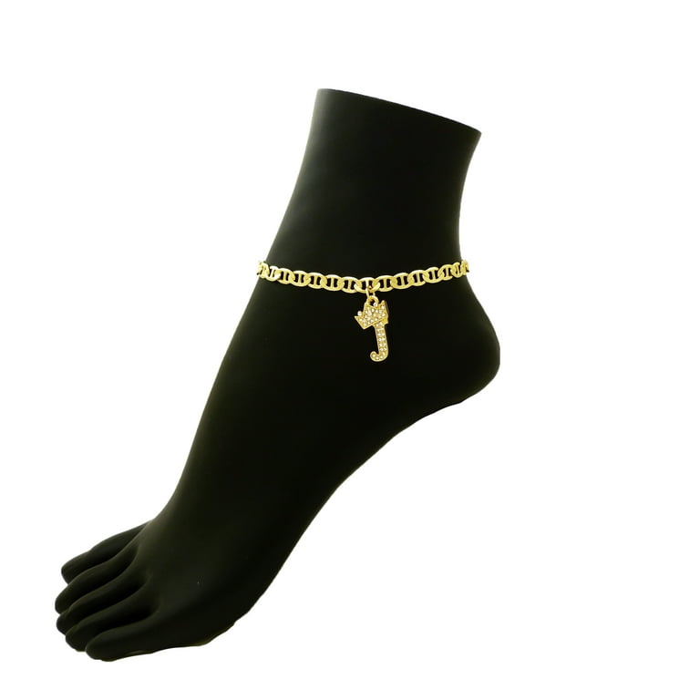 Women Girls Fashion Stone Filled King Crown Initial Letter J Charm 5.5 mm 10 inches Flat Marina Chain Anklet Ankle Bracelet