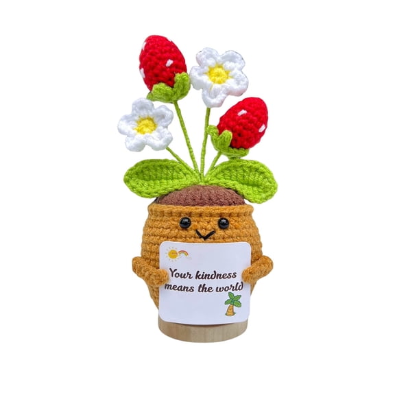 Tokatan Handmade Crochet Positive Gifts for Women, Friend, Knitted Emotional Encouragement Gift like Cactus, Plant, Suculent, Plush for Feel Beter, Well Support, Desk Home Office Decor (Strawberry)